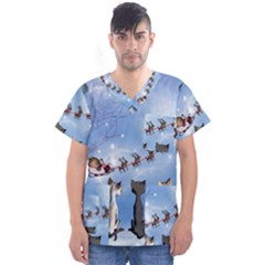 Christmas, Cute Cats Looking In The Sky To Santa Claus Men s V-neck Scrub Top