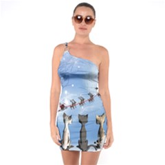 Christmas, Cute Cats Looking In The Sky To Santa Claus One Soulder Bodycon Dress by FantasyWorld7