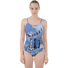 Christmas, Cute Cats Looking In The Sky To Santa Claus Cut Out Top Tankini Set by FantasyWorld7