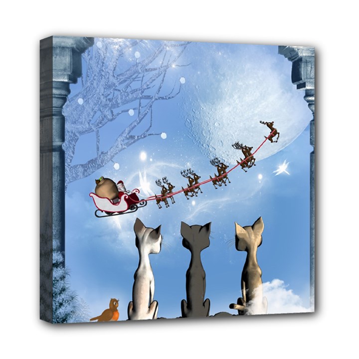 Christmas, Cute Cats Looking In The Sky To Santa Claus Mini Canvas 8  x 8 