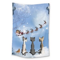 Christmas, Cute Cats Looking In The Sky To Santa Claus Large Tapestry by FantasyWorld7