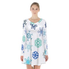 Snowflakes Blue Green Star Long Sleeve Velvet V-neck Dress