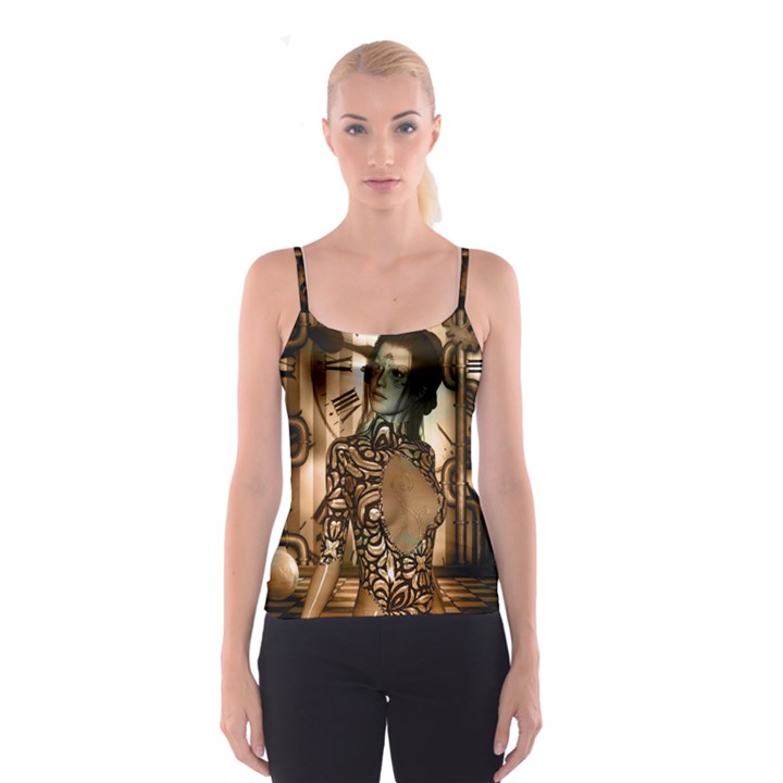 Steampunk, Steampunk Women With Clocks And Gears Spaghetti Strap Top