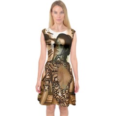 Steampunk, Steampunk Women With Clocks And Gears Capsleeve Midi Dress by FantasyWorld7