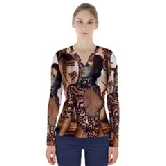 Steampunk, Steampunk Women With Clocks And Gears V-neck Long Sleeve Top