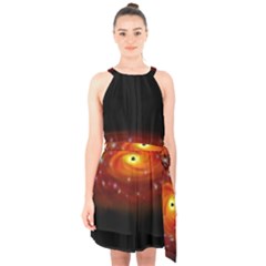 Space Galaxy Black Sun Halter Collar Waist Tie Chiffon Dress