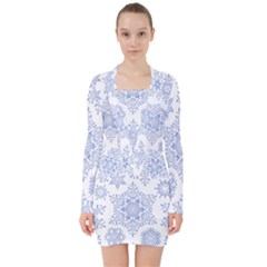 Snowflakes Blue White Cool V-neck Bodycon Long Sleeve Dress