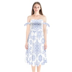 Snowflakes Blue White Cool Shoulder Tie Bardot Midi Dress by Mariart