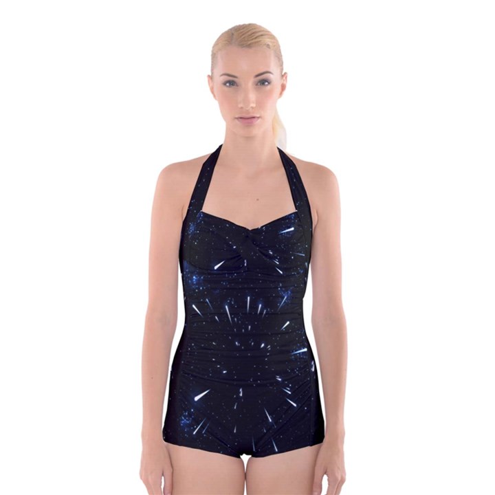 Space Warp Speed Hyperspace Through Starfield Nebula Space Star Line Light Hole Boyleg Halter Swimsuit 