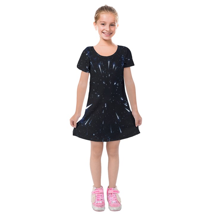 Space Warp Speed Hyperspace Through Starfield Nebula Space Star Line Light Hole Kids  Short Sleeve Velvet Dress