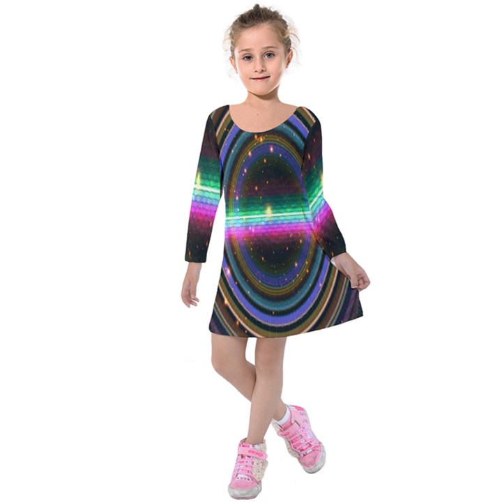 Spectrum Space Line Rainbow Hole Kids  Long Sleeve Velvet Dress