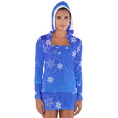 Winter Blue Snowflakes Rain Cool Long Sleeve Hooded T-shirt by Mariart