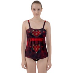 Wonderful Elegant Decoative Heart With Flowers On The Background Twist Front Tankini Set