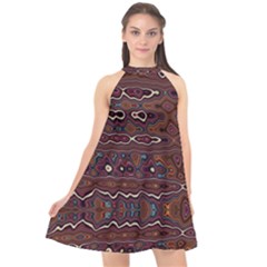 Hippy Boho Chestnut Warped Pattern Halter Neckline Chiffon Dress  by KirstenStar