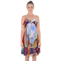 Abstract Tunnel Ruffle Detail Chiffon Dress