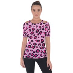 Pink Leopard Shoulder Cut Out Short Sleeve Top