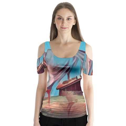 Modern Norway Painting Butterfly Sleeve Cutout Tee  by NouveauDesign