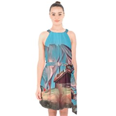 Modern Norway Painting Halter Collar Waist Tie Chiffon Dress