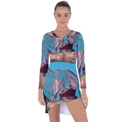 Modern Norway Painting Asymmetric Cut-out Shift Dress