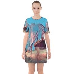 Modern Norway Painting Sixties Short Sleeve Mini Dress