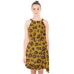 Classic Leopard Halter Collar Waist Tie Chiffon Dress