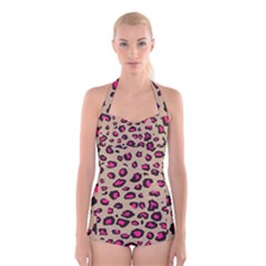 Pink Leopard 2 Boyleg Halter Swimsuit  by TRENDYcouture