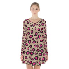 Pink Leopard 2 Long Sleeve Velvet V-neck Dress