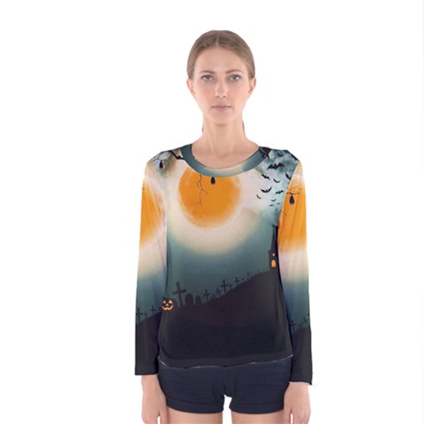 Halloween Landscape Women s Long Sleeve Tee by ValentinaDesign