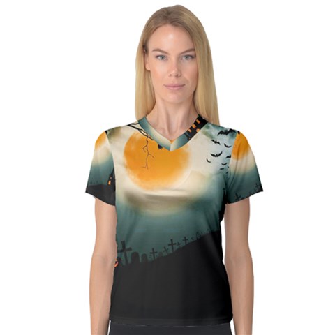 Halloween Landscape V-neck Sport Mesh Tee by ValentinaDesign