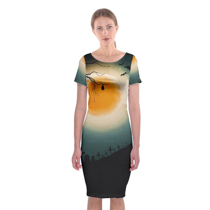 Halloween landscape Classic Short Sleeve Midi Dress