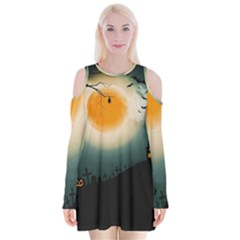 Halloween landscape Velvet Long Sleeve Shoulder Cutout Dress