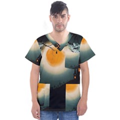 Halloween landscape Men s V-Neck Scrub Top