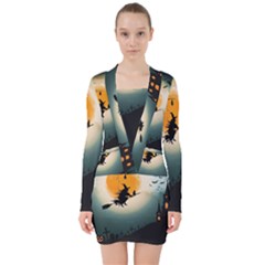 Halloween Landscape V-neck Bodycon Long Sleeve Dress by ValentinaDesign