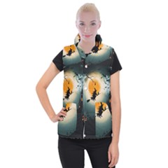 Halloween Landscape Women s Button Up Puffer Vest by ValentinaDesign