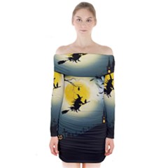 Halloween Landscape Long Sleeve Off Shoulder Dress by ValentinaDesign