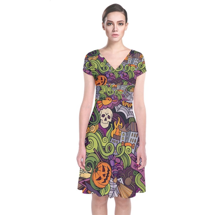 Halloween pattern Short Sleeve Front Wrap Dress