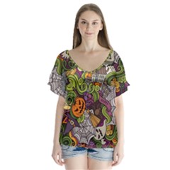 Halloween Pattern V-neck Flutter Sleeve Top by ValentinaDesign