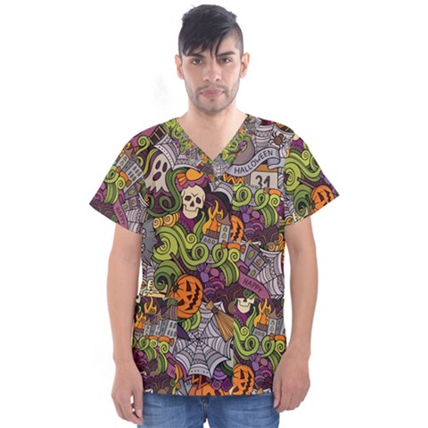 Halloween Pattern Men s V-neck Scrub Top by ValentinaDesign