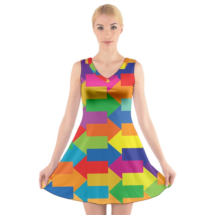 Arrow Rainbow Orange Blue Yellow Red Purple Green V-Neck Sleeveless Skater Dress