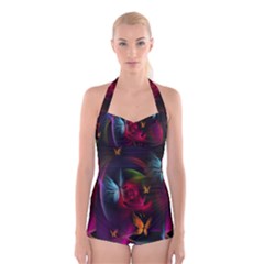 Beautiful Butterflies Rainbow Space Boyleg Halter Swimsuit 