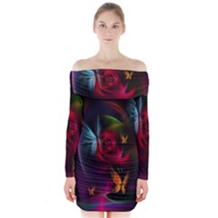 Beautiful Butterflies Rainbow Space Long Sleeve Off Shoulder Dress