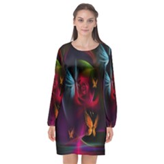 Beautiful Butterflies Rainbow Space Long Sleeve Chiffon Shift Dress  by Mariart