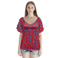 Blue Red Space Galaxy V-neck Flutter Sleeve Top