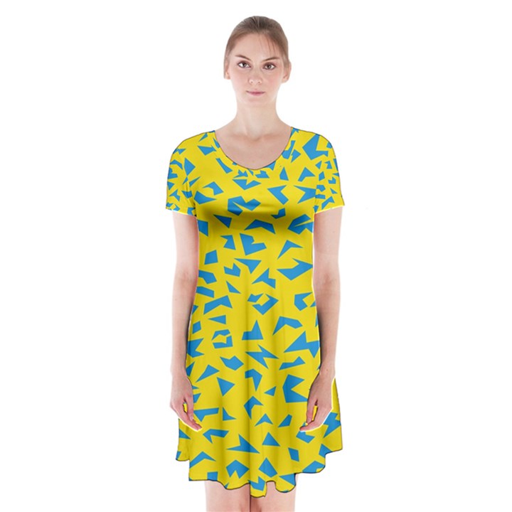 Blue Yellow Space Galaxy Short Sleeve V-neck Flare Dress