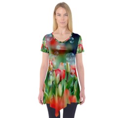 Colorful Flowers Short Sleeve Tunic 