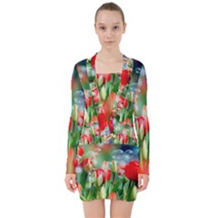 Colorful Flowers V-neck Bodycon Long Sleeve Dress