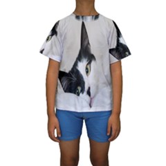 Cat Face Cute Black White Animals Kids  Short Sleeve Swimwear by Mariart