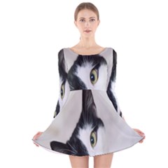 Cat Face Cute Black White Animals Long Sleeve Velvet Skater Dress