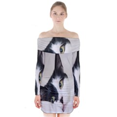 Cat Face Cute Black White Animals Long Sleeve Off Shoulder Dress