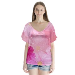 Cosmos Flower Floral Sunflower Star Pink Frame V-neck Flutter Sleeve Top